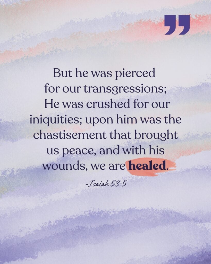 "Bible verses about healing" graphic with Isaiah 53:5 on it.
